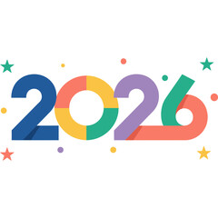 Vibrant 2026 typography with colorful stars and dots