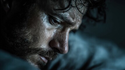 Dramatic Close up of a Sweaty Man's Face in Dark Lighting