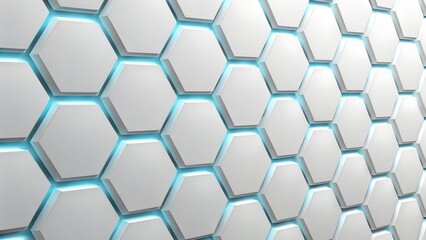 Abstract White Hexagonal Pattern with Blue Neon Glow, High-Quality 3D Render