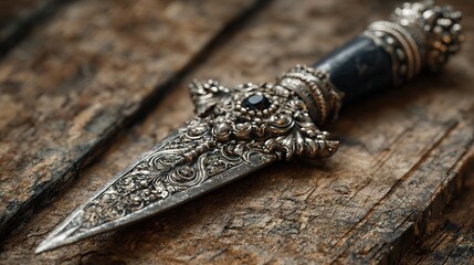 Intricate Ornamental Dagger with Gemstone on Rustic Wooden Background Still Life