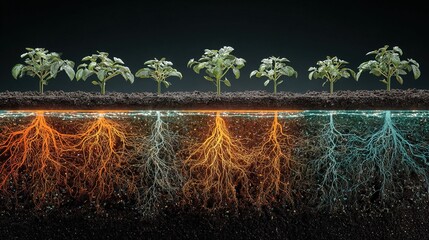 Illustrative Growth Stage Plants with Colored Roots Under Soil Agriculture Concept