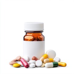 Variety of Colorful Pills and Capsules with Prescription Medicine Bottle