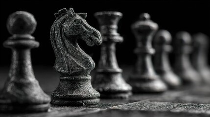 Dramatic Close-up of Stone Carved Chess Pieces Strategic Game