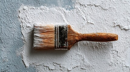 Close up Rustic Paintbrush with White Paint on Textured Wall