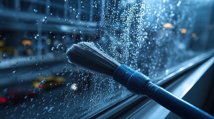 Close Up Professional Brush Cleaning Rainy Window With Bokeh Background