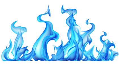 Stylized blue flames curl against a black background