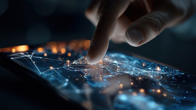 Hand touching a glowing digital network on a tablet screen, symbolizing global communication and technology - Powered by Adobe