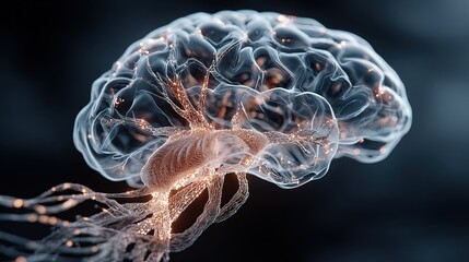 Artistic 3D Render of Transparent Human Brain with Neuron Activity