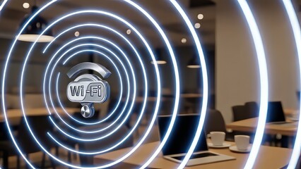 Wi-Fi signal icon with blue glowing waves in modern office background