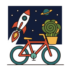 Vibrant bicycle with potted plant and rocket soaring through space