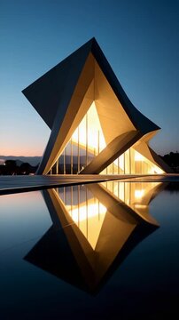 Modern architectural building with geometric design reflecting in a pool at twilight