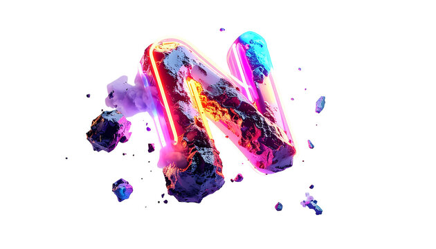 A glowing neon "N" shaped like rocky terrain, surrounded by floating debris - Powered by Adobe