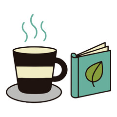 Cozy morning with steaming coffee and open book nearby