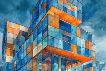 Watercolor painting of a modern glass building with a blue and orange blocky design against a cloudy sky