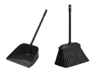 Black broom & dustpan set, sleek, on black backdrop