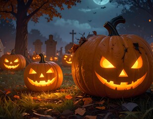 Spooky pumpkins with lit faces in a moonlit cemetery scene