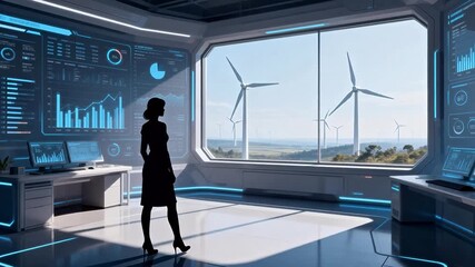 Futuristic control room with wind turbines - Powered by Adobe
