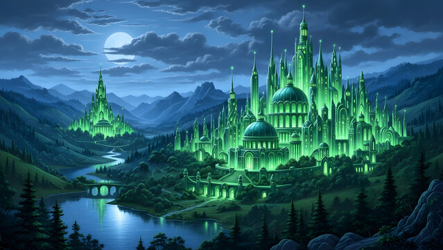 Artistic fantasy wallpaper of the emerald city from wizard of oz