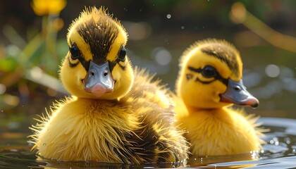 Two fluffy, yellow ducklings with dark markings swim in tranquil water, facing the viewer with curious expressions
