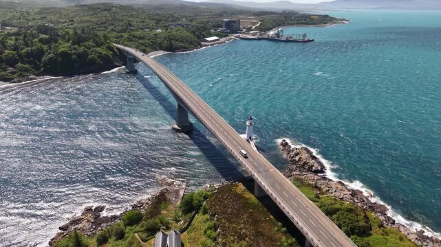 Aerial footage of Skye Bridge connecting mainland to Isle of Skye, Scotland, UK