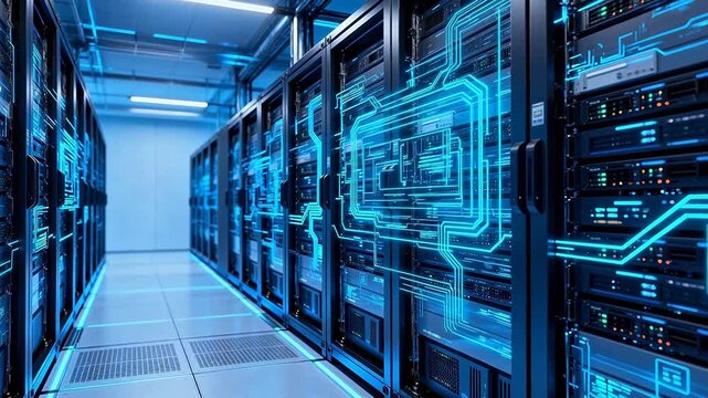 Server room with blue lighting