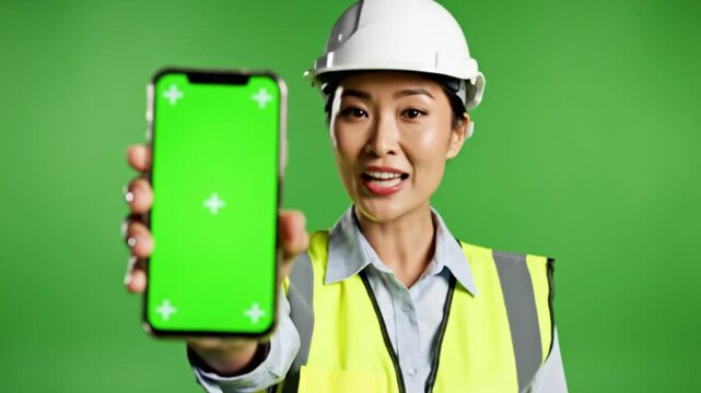Woman in Construction Holding Smartphone with Green Screen and Promoting New App Feature