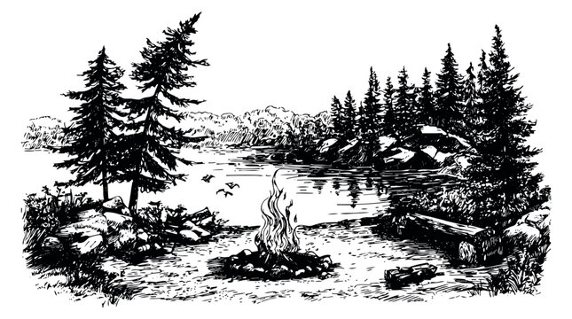 Hand drawn line art illustration of a forest lake scene with a campfire depicting wilderness camping for outdoor adventures