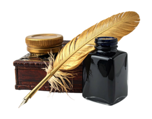 Golden quill, ink, and wooden box; dark background