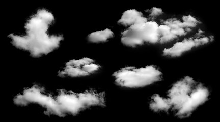 Set of fluffy white clouds isolated on black background, representing natural sky elements and soft mist texture, digital art and atmospheric design.
