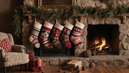 Cozy Christmas Fireplace Scene with Stockings and Gifts.