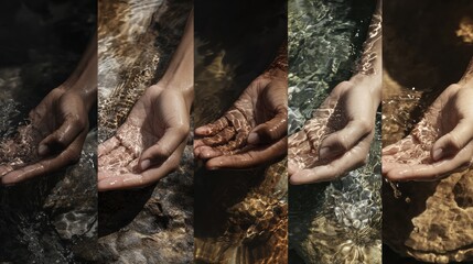 Diverse Hands Join to Collect Water From a Stream, Showcasing Unity in the Global Fight for Sustainability and Hydration
