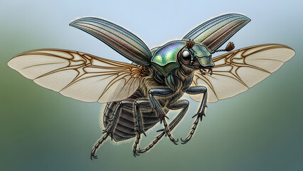 Image of a beetle insect with wings spread in flight