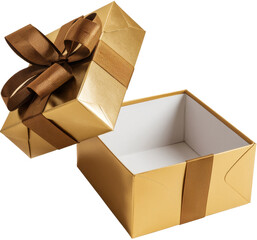 open golden gift box with ribbon and bow