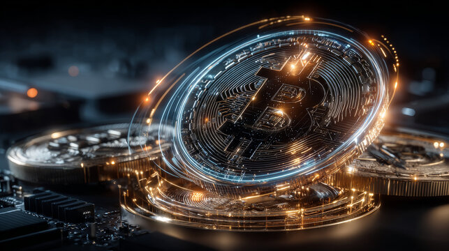 Bitcoin currency, crypto currency, falling on a pile