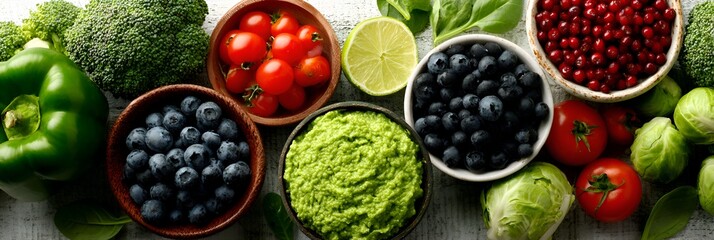 An assortment of colorful fresh vegetables and berries in bowls provides a vibrant display of healthy and nutritious whole foods options.