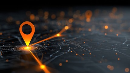 Orange Location Pin on Abstract Digital Network Map with Glowing Connections