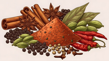 Artistic drawing of Indian spices used for garam masala