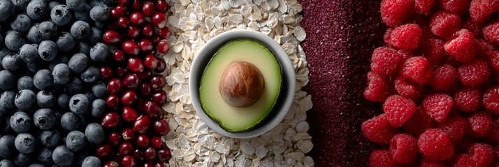 Colorful and nutritious superfood ingredients are arranged creatively, including berries, avocado, and oatmeal for a healthy lifestyle option.