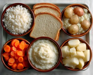 A simple meal featu rice, sliced bread, carrots, mashed potatoes, boiled new potatoes, and cubed potatoes arranged neatly on a tray.