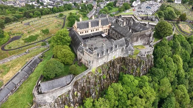 Aerial footage of Stirling Castle medieval stronghold, Scotland, United Kingdom
