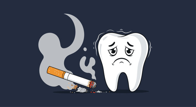 Sad cartoon tooth character looking at a lit cigarette to illustrate the negative effects of smoking on dental health.