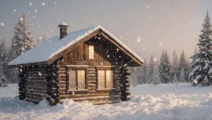 Cozy Log Cabin in a Snowy Winter Forest Landscape.