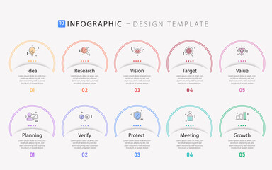 Infographic 10 step timeline journey, calendar Flat simple infographics design template. presentation graph. Business concept with 10 options, number vector illustration.