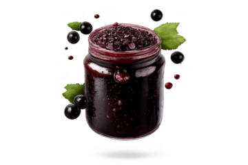 Jar of blackcurrant jam on transparent background studio shot food art