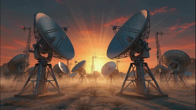 A Panoramic View of Satellite Dishes at Sunset, Capturing the Cosmos and Signals