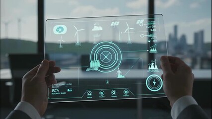 A Person Interacting with a Futuristic Energy Management Interface, Showing Renewable Resources - Powered by Adobe
