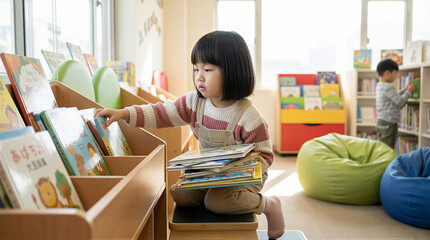 Child reading books library educational activity cozy environment close-up view learning and imagination