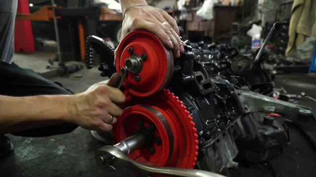 repair and assembly of a standard turbocharged engine for a drift car, installation of red pulleys