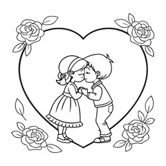 Valentine&rsquo;s Day Couple Coloring Pages &ndash; Romantic Heart Designs, Love Illustrations for Adults and Kids, Valentine&rsquo;s Coloring Sheets for Couples, Black and white line art illustration.