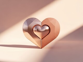 Geometric 3D Rose Gold Heart Sculpture with Small Inset Heart